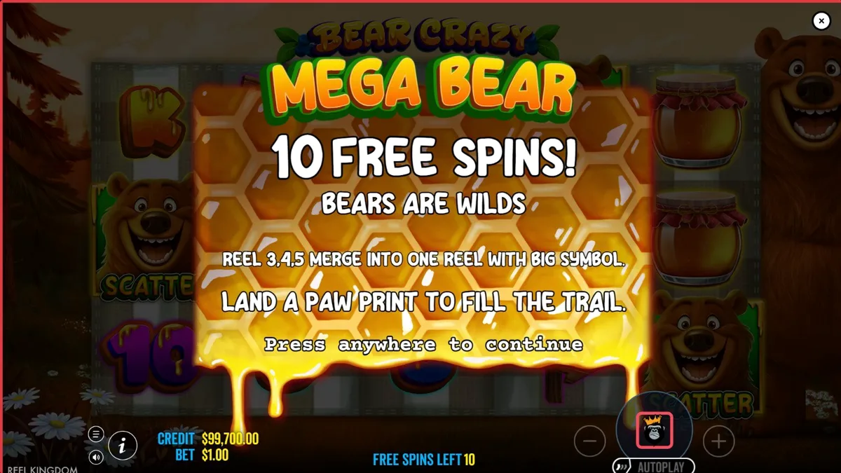 Pemandangan hutan cerah dengan simbol bertema beruang di slot Bear Crazy