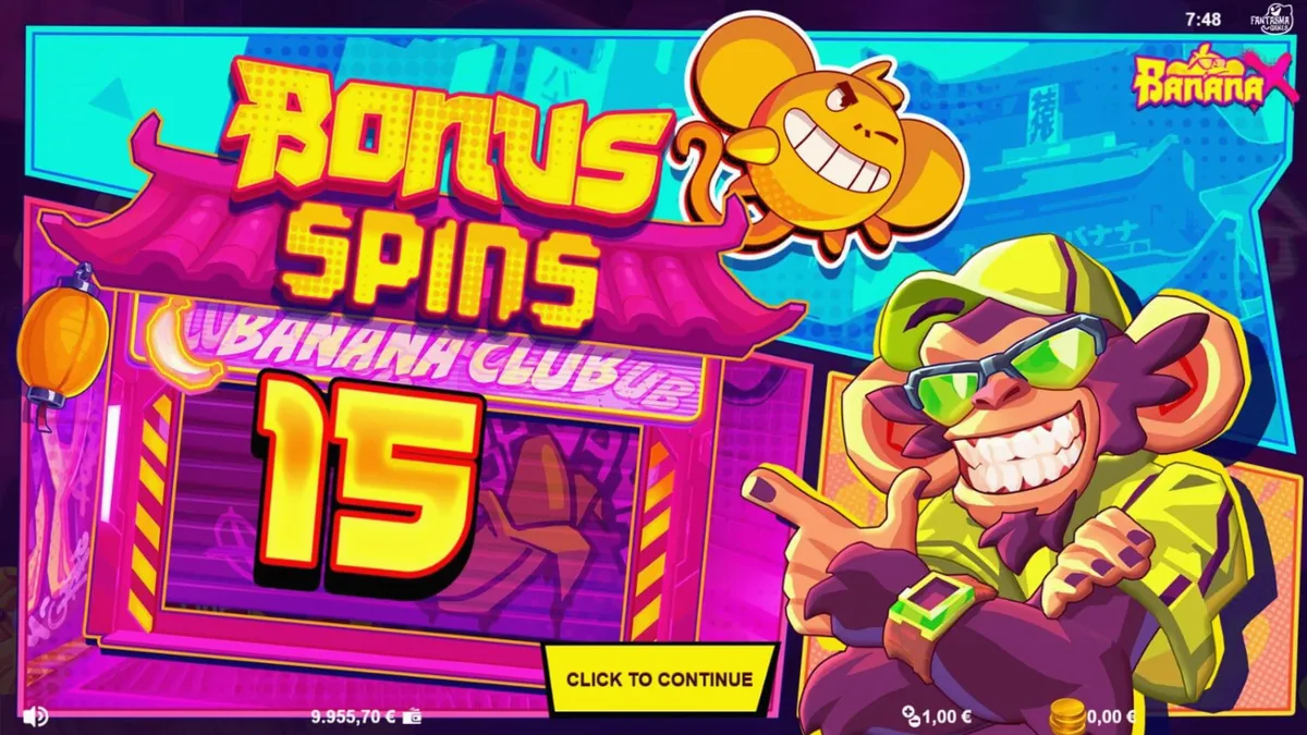 Tampilan visual slot Banana X dengan tema neon dan influencer