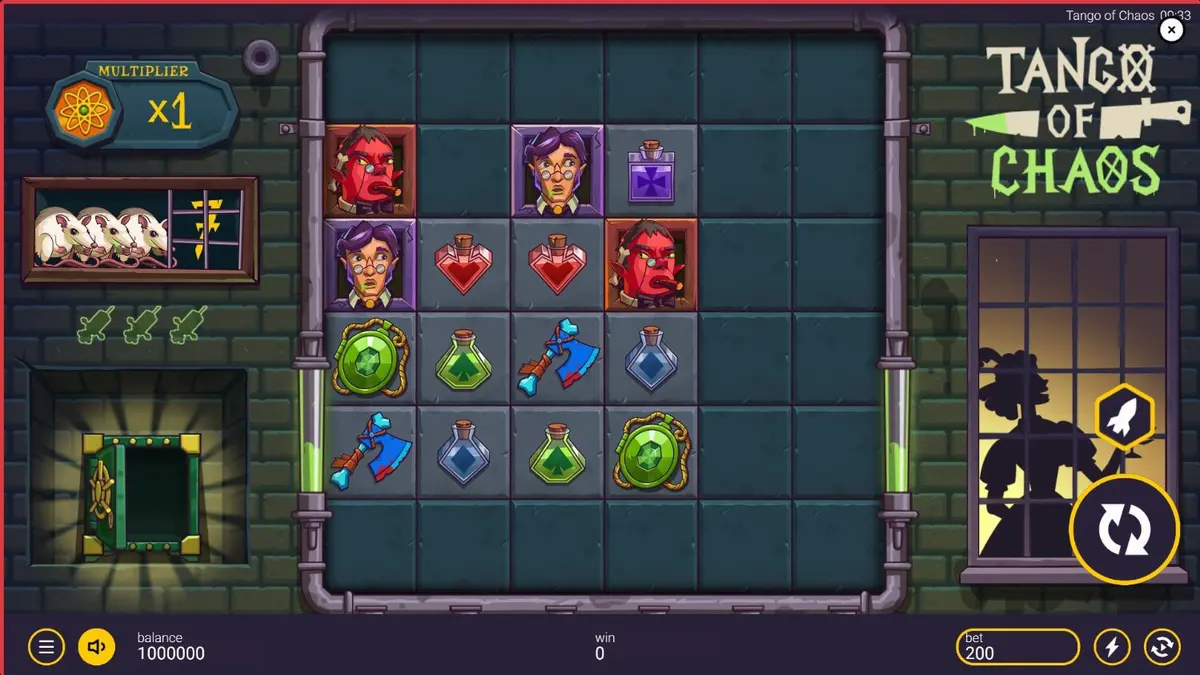 Tampilan layar permainan slot Tango of Chaos dengan desain visual surealis dan antarmuka mobile yang intuitif.